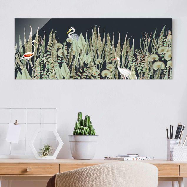 quadri con animali Fenicottero e cicogna con piante sul verde