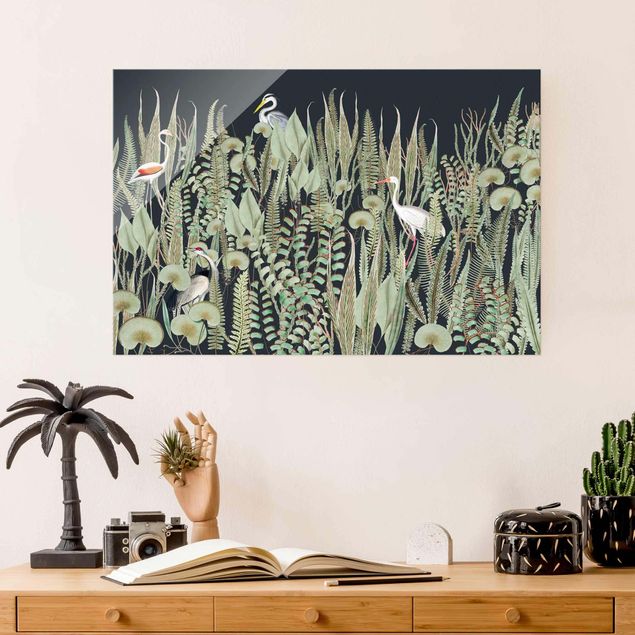 quadri con animali Fenicottero e cicogna con piante sul verde
