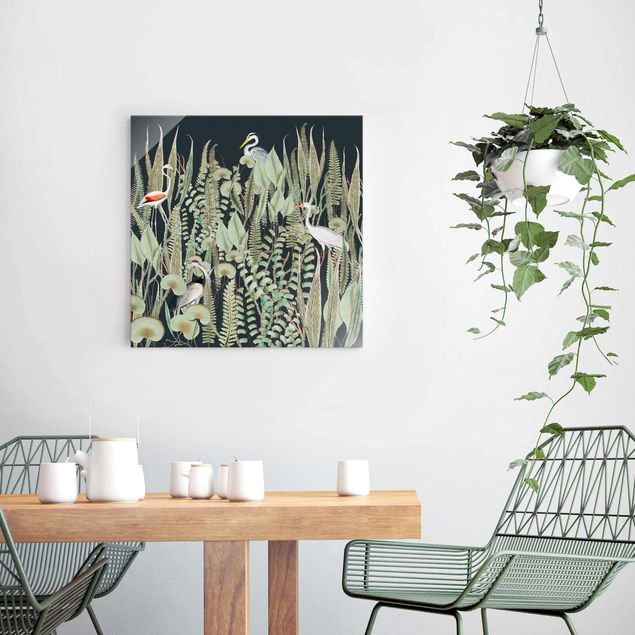 Lavagna magnetica vetro Fenicottero e cicogna con piante sul verde