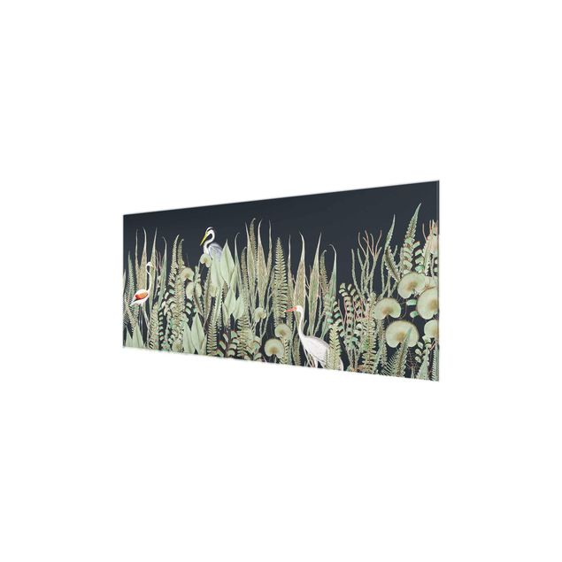 Quadro in vetro - Fenicottero e cicogna con piante su sfondo verde