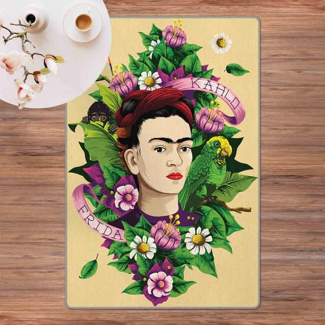 Tappeto bianco salotto Frida Kahlo - Frida, scimmia e pappagallo