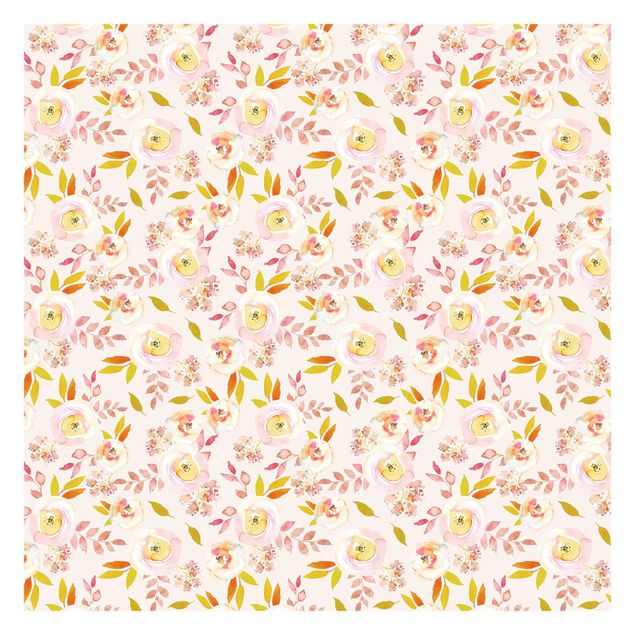 Carta da parati - Foglie gialle con fiori in acquerello su sfondo rosa