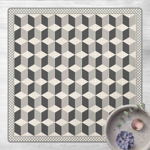 Tappeti effetto piastrelle Piastrelle geometriche illusione di scale in grigio con bordi