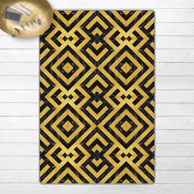 Tappeti effetto marmo Mix geometrico di piastrelle Art déco in marmo dorato nero