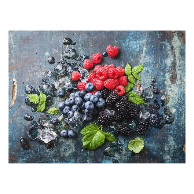Quadro in vetro - Berry Mix With Ice Cubes Wood - Orizzontale 4:3