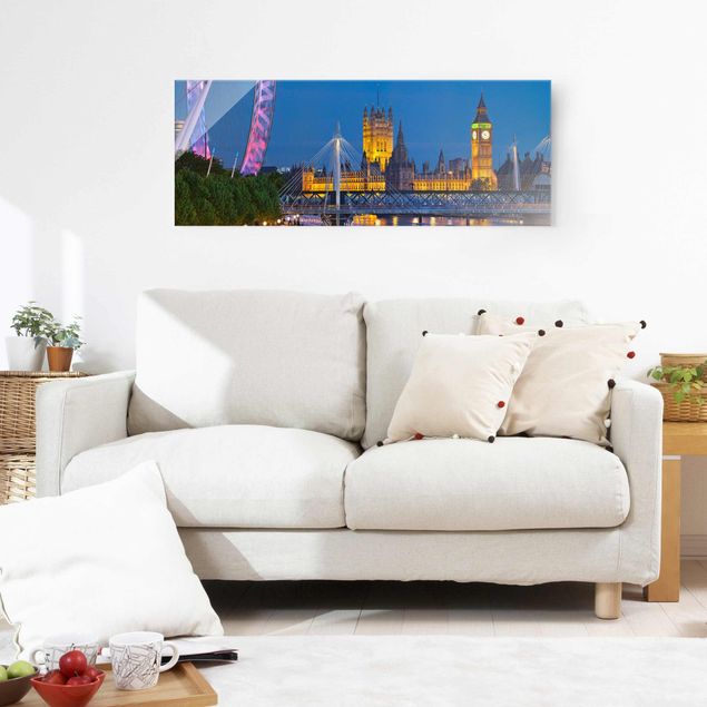 Quadro in vetro - Big Ben and Westminster Palace in London at night - Panoramico