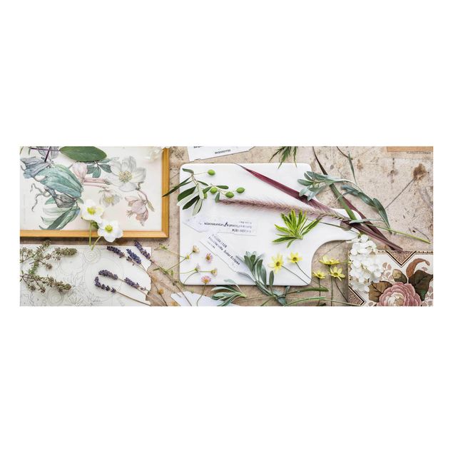 Quadro in vetro - Flowers And Garden Herbs Vintage - Panoramico