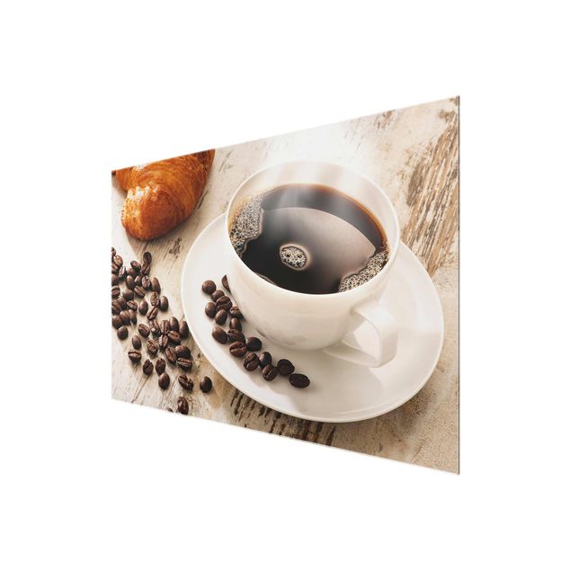 Quadro in vetro - Steaming Coffee Cup With Coffee Beans - Orizzontale 3:2