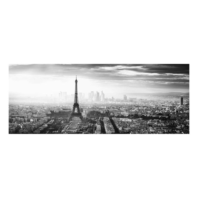 Quadro in vetro - La Torre Eiffel From Above Bianco e nero - Panoramico