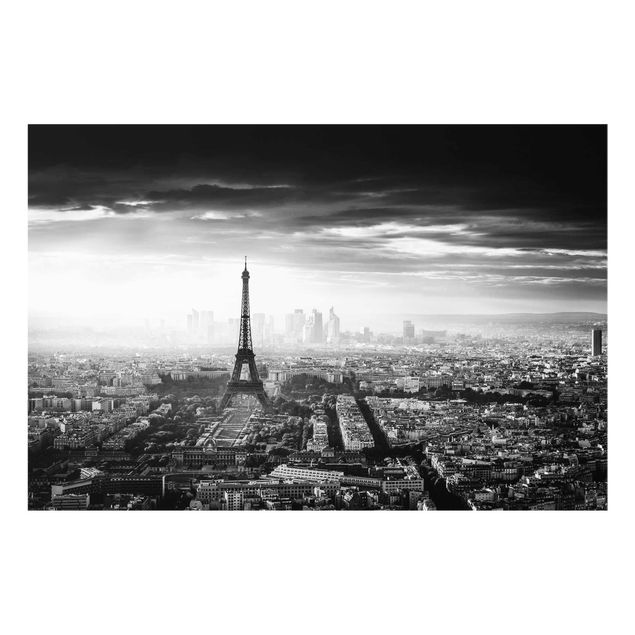 Quadro in vetro - La Torre Eiffel From Above Bianco e nero - Orizzontale 3:2