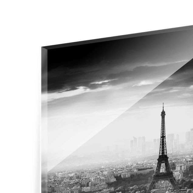 Quadro in vetro - La Torre Eiffel From Above Bianco e nero - Orizzontale 3:2