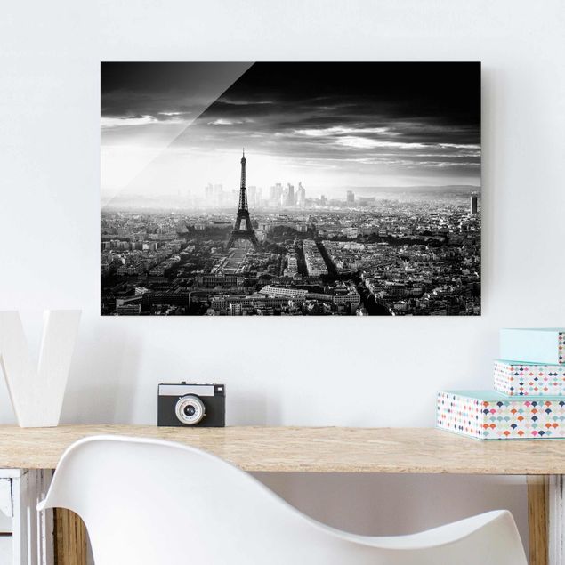 Lavagna magnetica in vetro La Torre Eiffel dall'alto in bianco e nero