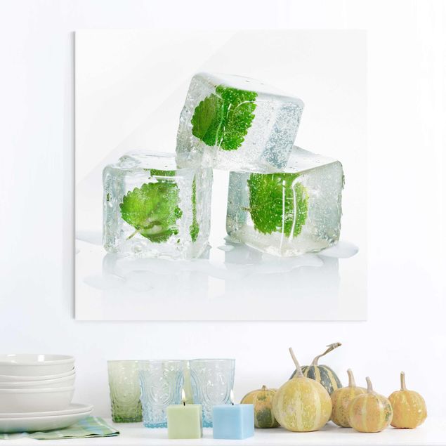 Lavagna magnetica in vetro Tre cubetti di ghiaccio con melissa