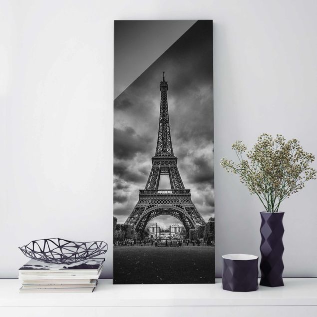 Lavagna magnetica vetro Torre Eiffel davanti alle nuvole in bianco e nero