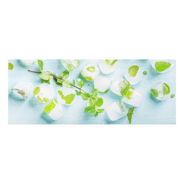 Quadro in vetro - Ice Cubes With Mint Leaves - Panoramico
