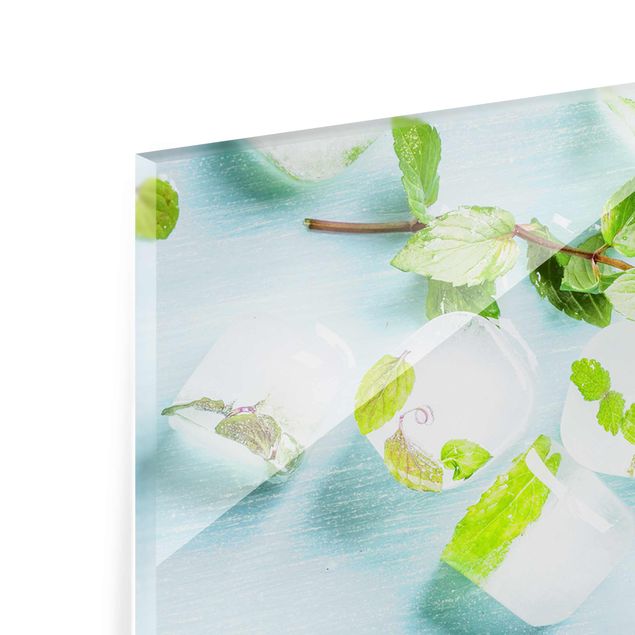 Quadro in vetro - Ice Cubes With Mint Leaves - Panoramico