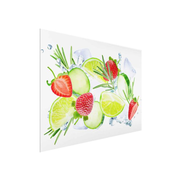 Quadro in vetro - Strawberries Lime Ice Cubes Splash - Large 3:4
