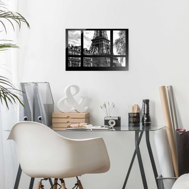 Lavagna magnetica vetro Vista dalla finestra Parigi - Vicino alla Torre Eiffel in bianco e nero