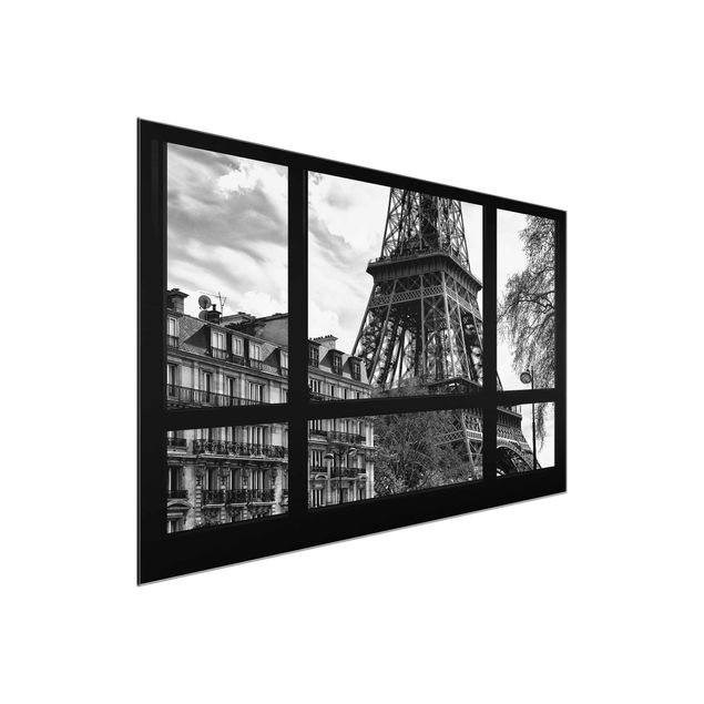 Quadro su vetro - Window view Paris - Near the Eiffel Tower black and white - Orizzontale 3:2