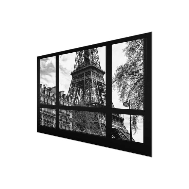 Quadro su vetro - Window view Paris - Near the Eiffel Tower black and white - Orizzontale 3:2