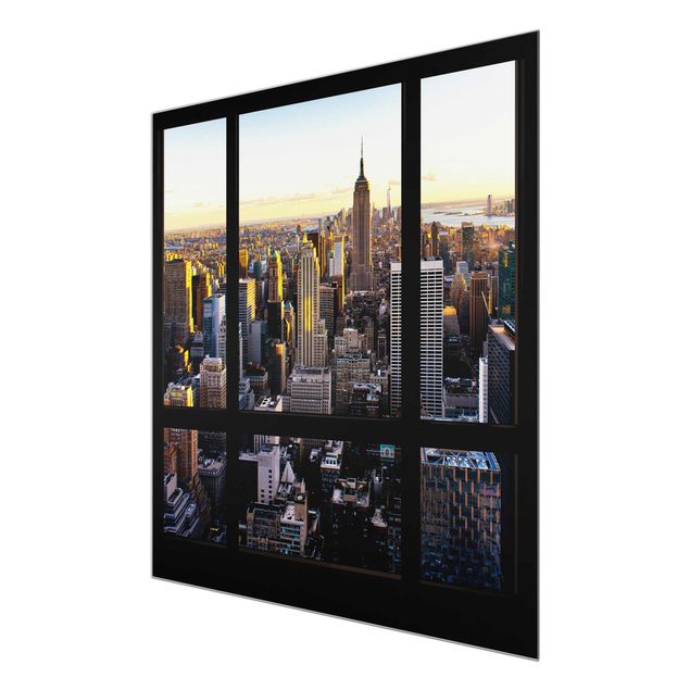 Quadro in vetro - Window view at night over New York - Quadrato 1:1