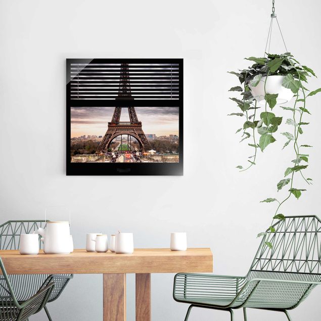 Lavagna magnetica in vetro Vista dalla finestra con tende - Torre Eiffel Parigi
