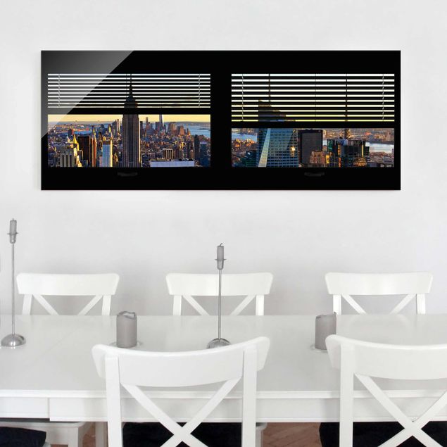 Philippe Hugonnard quadri Vista dalla finestra con tende - Manhattan di sera