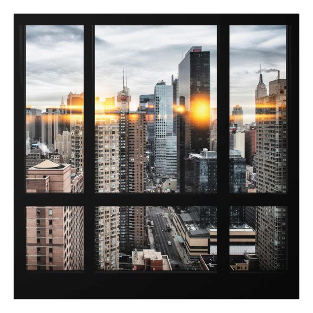 Quadro in vetro - Window overlooking New York with solar reflection - Quadrato 1:1