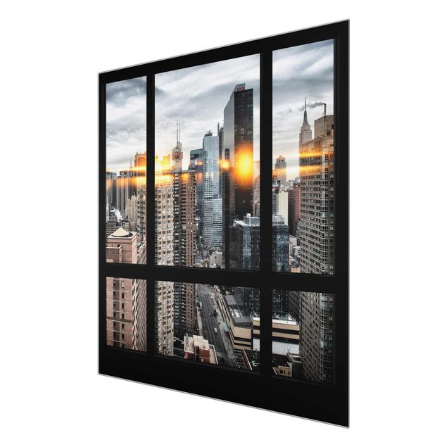 Quadro in vetro - Window overlooking New York with solar reflection - Quadrato 1:1