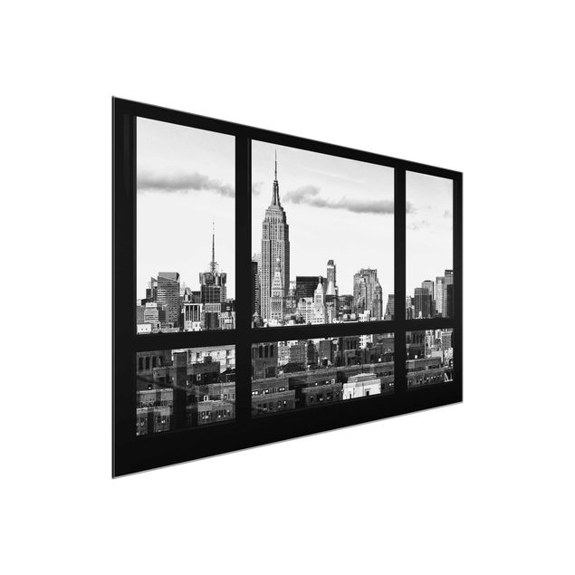 Quadro su vetro - Window overlooking New York skyline black and white - Orizzontale 3:2