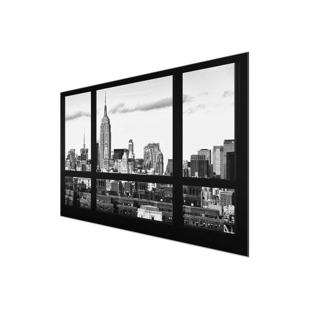 Quadro su vetro - Window overlooking New York skyline black and white - Orizzontale 3:2
