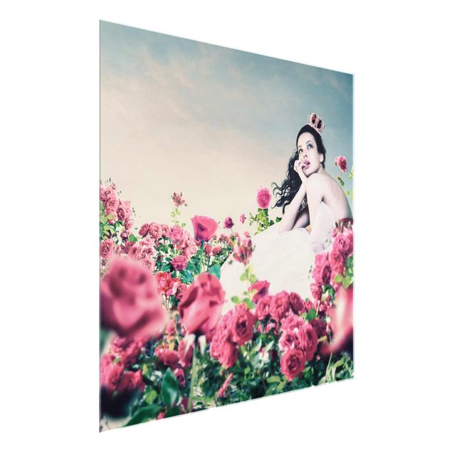 Quadro in vetro - Woman in a field of roses - Quadrato 1:1