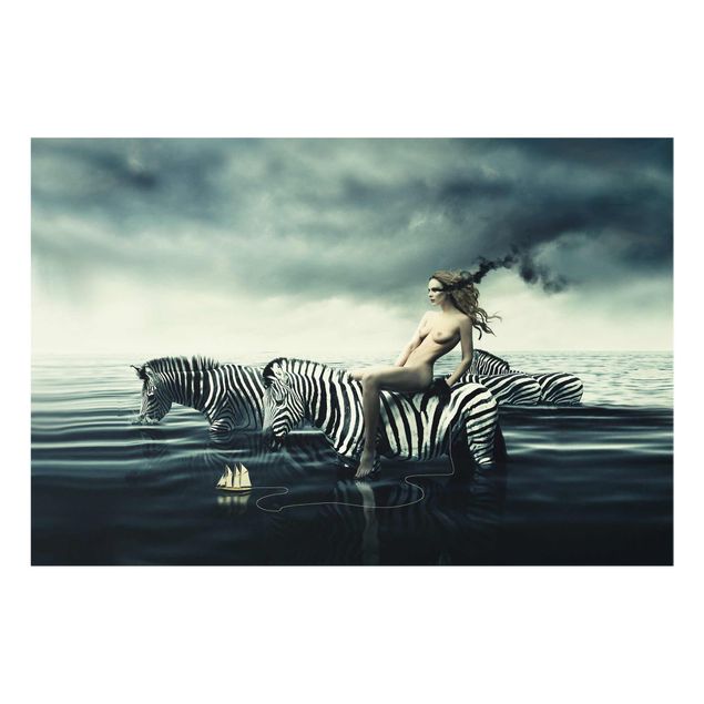 Quadro su vetro - Nude Posing With Zebras - Orizzontale 3:2