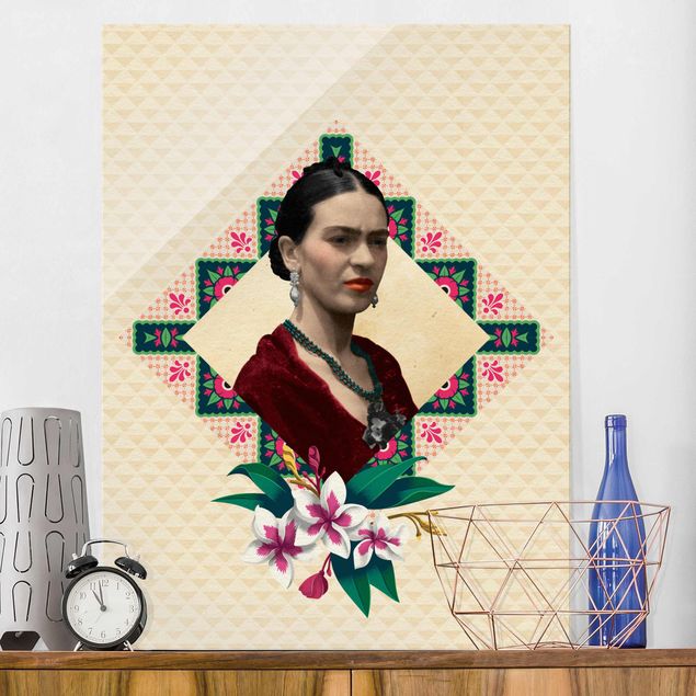 Lavagna magnetica in vetro Frida Kahlo - Fiori e geometria