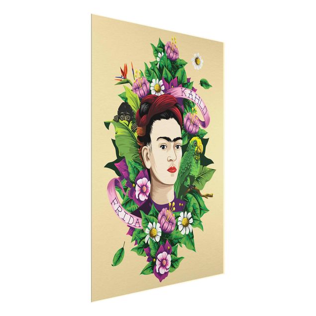 Quadro in vetro - Frida Kahlo - Frida, Monkey And Parrot - Verticale 3:4