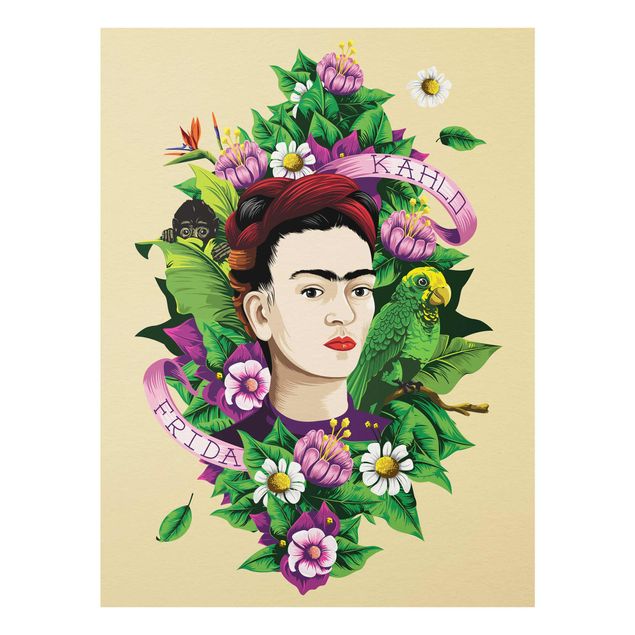 Quadro in vetro - Frida Kahlo - Frida, Monkey And Parrot - Verticale 3:4