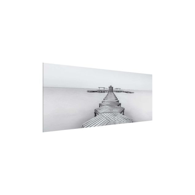 Quadro in vetro - Molo in legno Bianco e nero - Panoramico