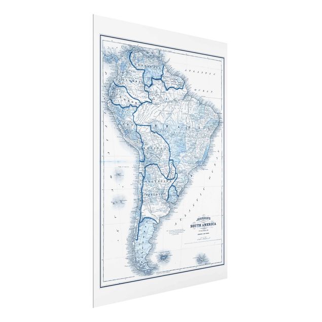 Quadro in vetro - Mappa In Toni Di Blu - America Del Sud - Verticale 3:4