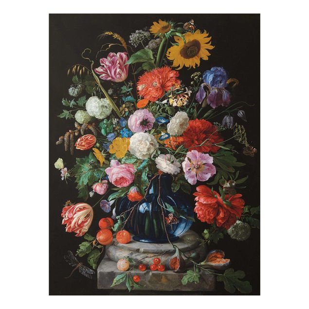 Quadro in vetro - Jan Davidsz de Heem - Tulips, a Sunflower, an Iris and other Flowers in a Glass Vase on the Marble Base of a Column - Verticale 3:4