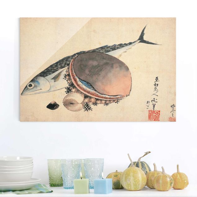 Lavagna magnetica vetro Katsushika Hokusai - Sgombri e conchiglie di mare