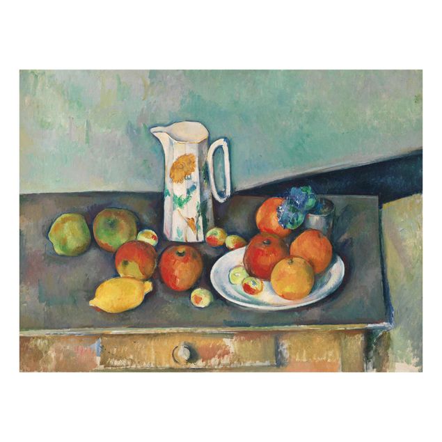 Quadro in vetro - Paul Cézanne - Natura morta con Brocca da Latte e Frutti su un Tavolo - Impressionismo - Orizzontale 4:3