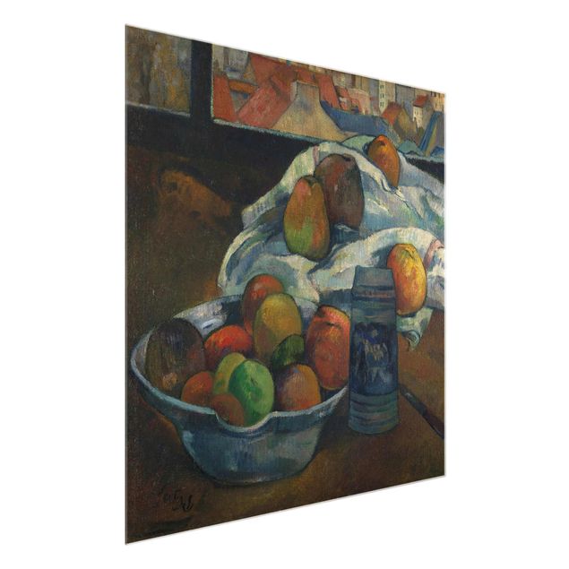 Quadro in vetro - Paul Gauguin - Cesto di Frutta e Brocca di fronte a una Finestra - Post-Impressionismo quadrato 1:1