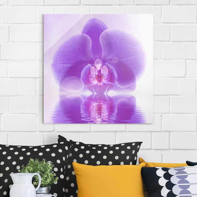 Quadro in vetro - Purple Orchid on water - Quadrato 1:1