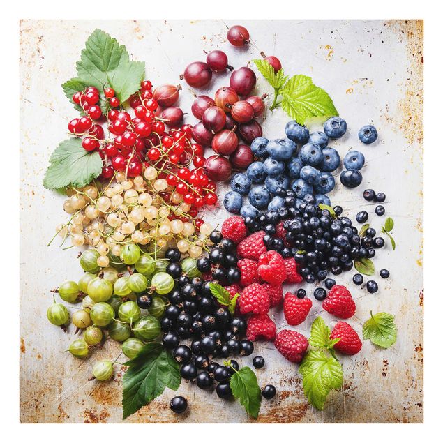 Quadro in vetro - Mixture Of Berries On Metal - Quadrato 1:1
