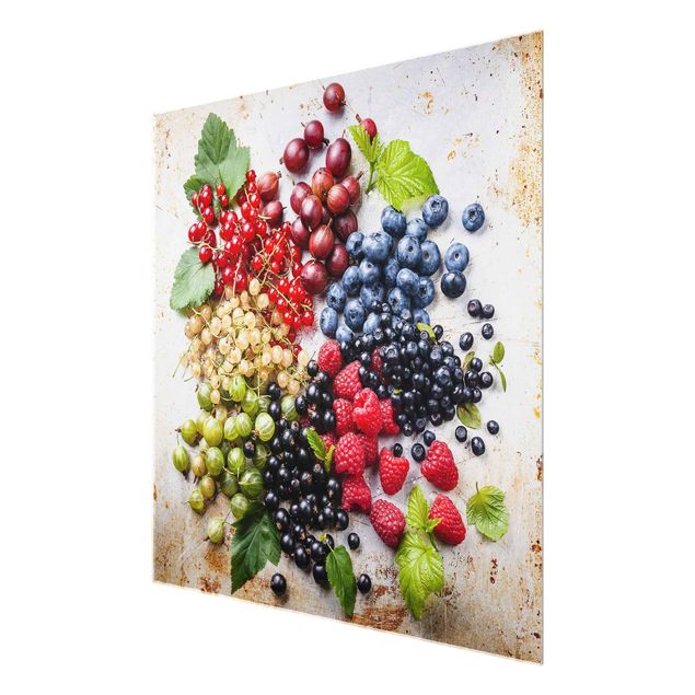 Quadro in vetro - Mixture Of Berries On Metal - Quadrato 1:1
