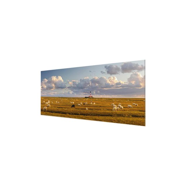 Quadro in vetro - North Sea Lighthouse with sheep flock - Panoramico