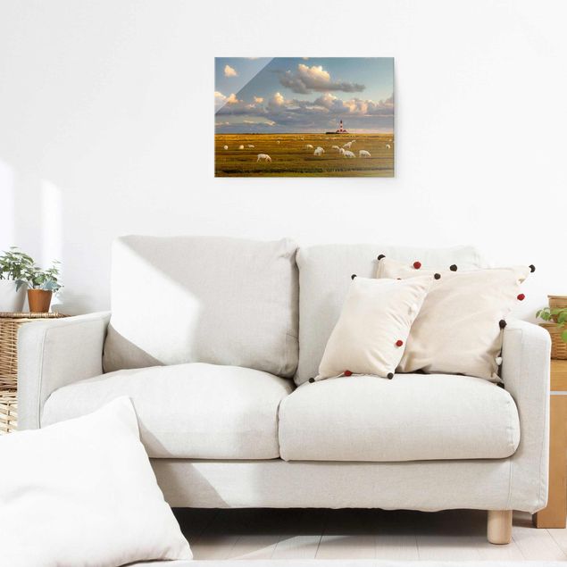 Quadro in vetro - North Sea Lighthouse with sheep flock - Orizzontale 3:2