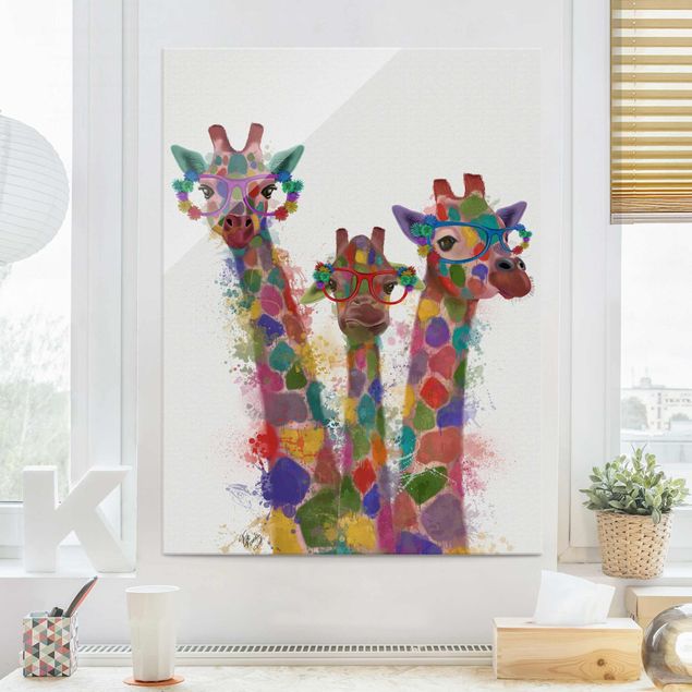 Lavagna magnetica in vetro Trio di giraffe con schizzi arcobaleno