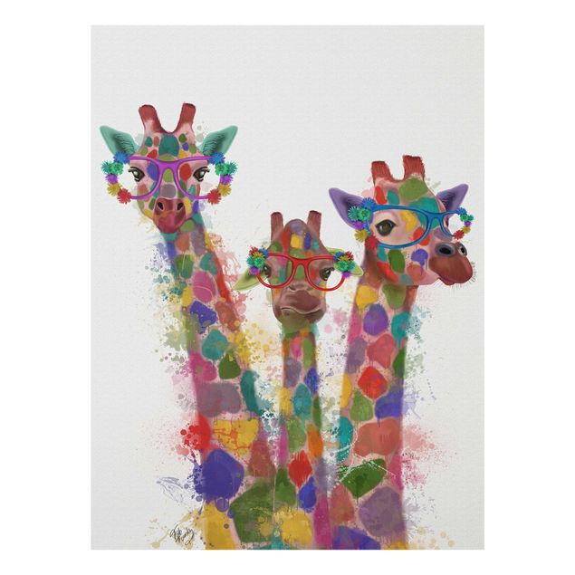 Quadro in vetro - Arcobaleno Splash Giraffe Trio - Verticale 3:4