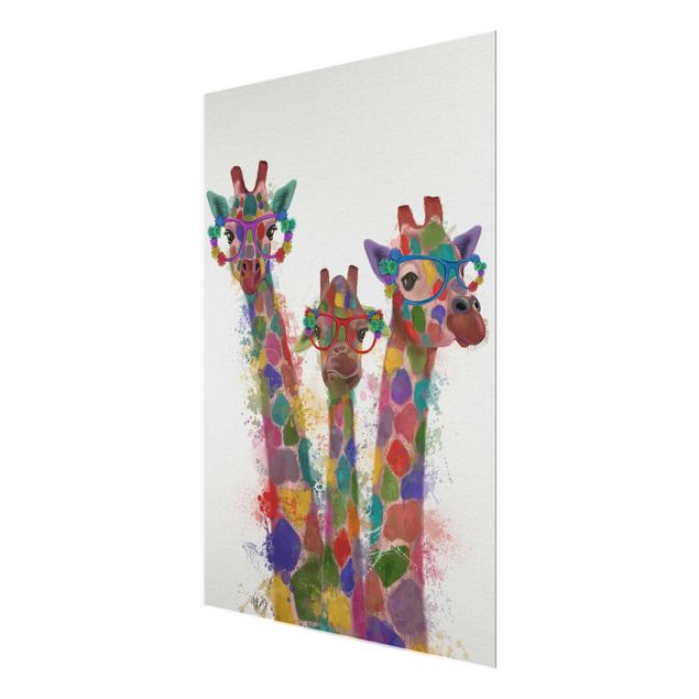 Quadro in vetro - Arcobaleno Splash Giraffe Trio - Verticale 3:4